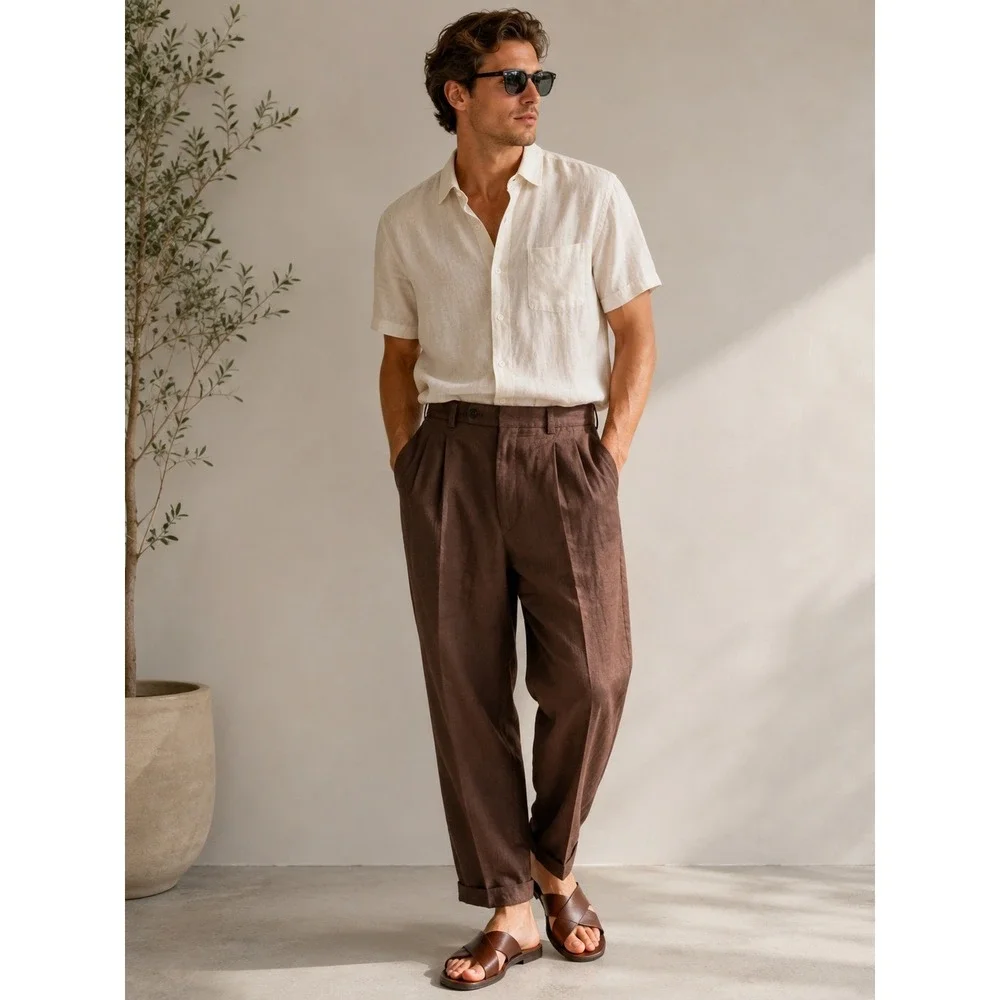 Men's Brown Pleated Trousers Linen Look Relaxed Fit Old Money Coastal 35 Waist